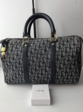 Dior Vintage Oblique Trotter Boston Bag Navy Blue Canvas & Leather w/Lock & Keys